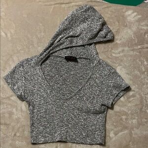 Hot Miami Styles Heathered Gray Ribbed Hooded Crop Top Short Sleeve Fitted